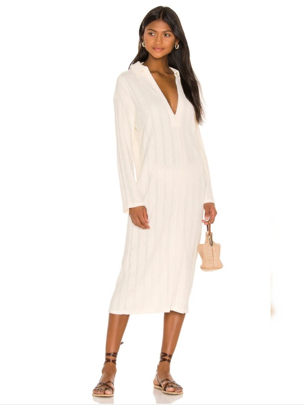 Free People FP Beach Endless Summer Aster Collar Tee Midi Dress Ivory Size Large